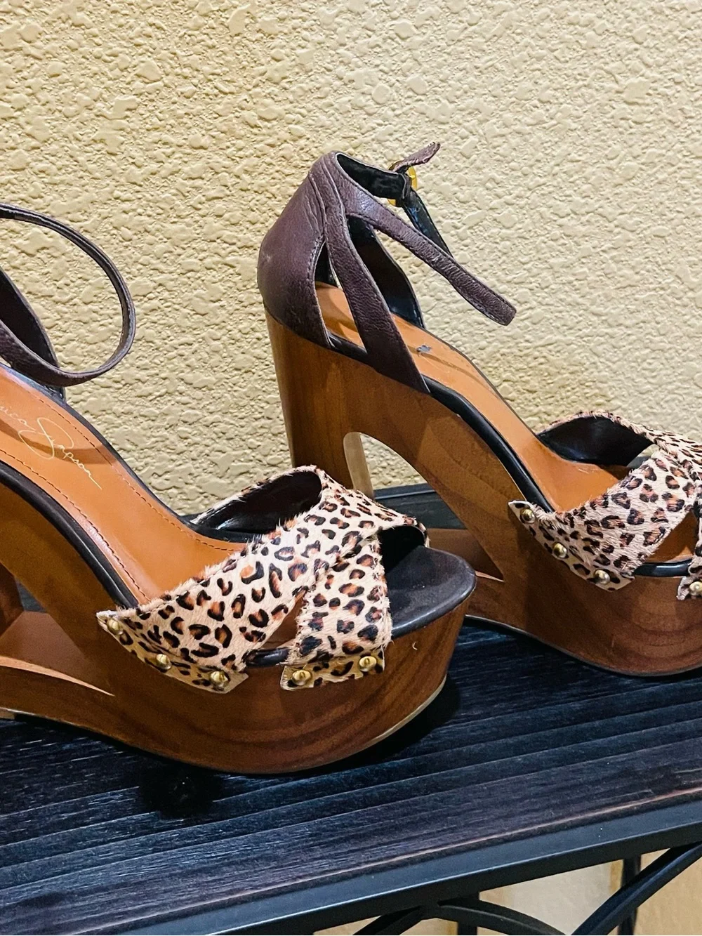 Jessica Simpson Leopard Print Platform Sandals with Black Ankle Straps